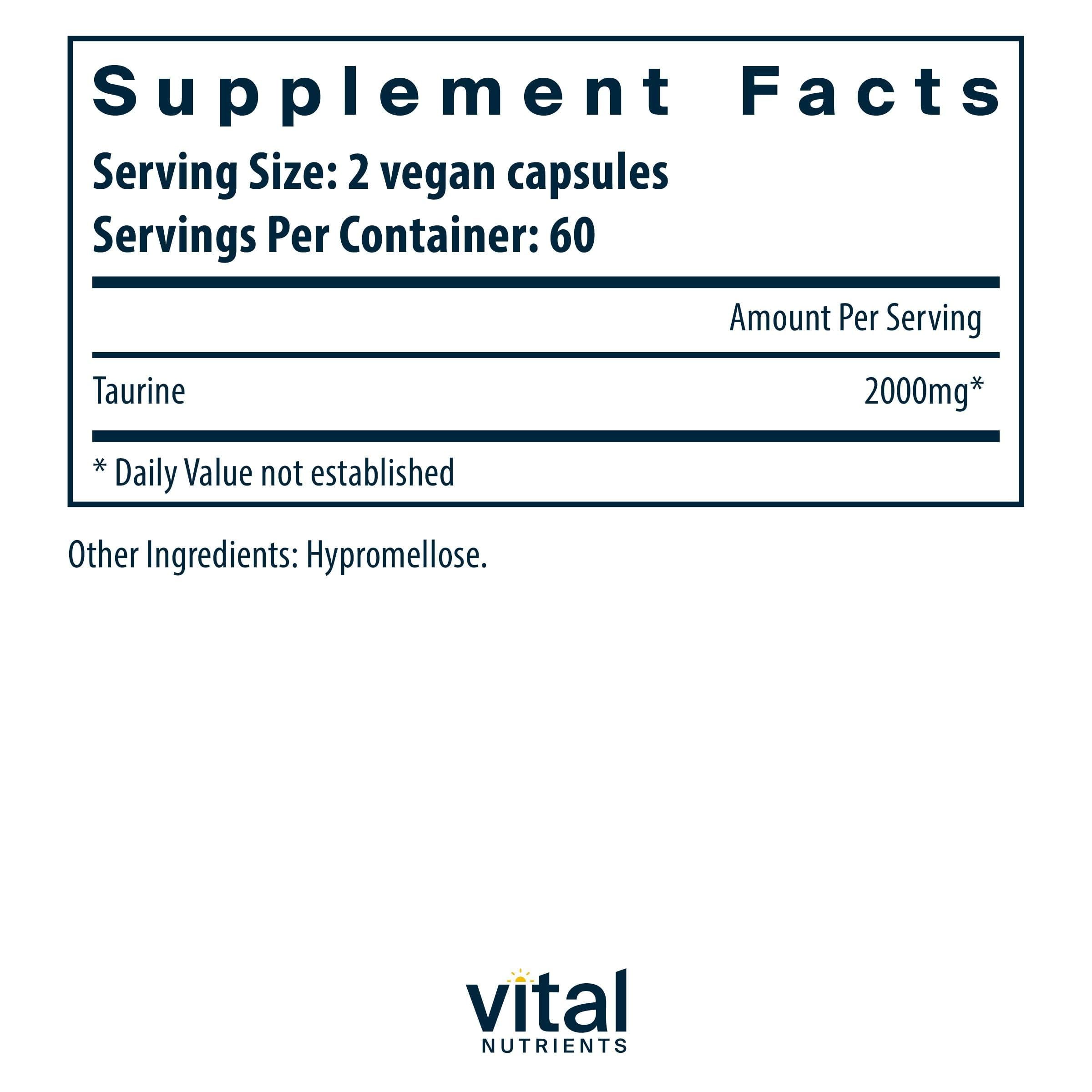 Vital Nutrients Taurine 1000mg label close-up showing vegan, non-GMO ingredients