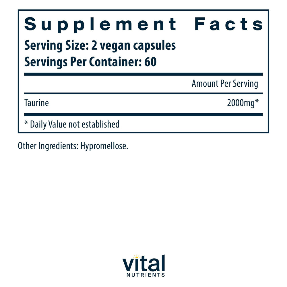 Vital Nutrients Taurine 1000mg label close-up showing vegan, non-GMO ingredients