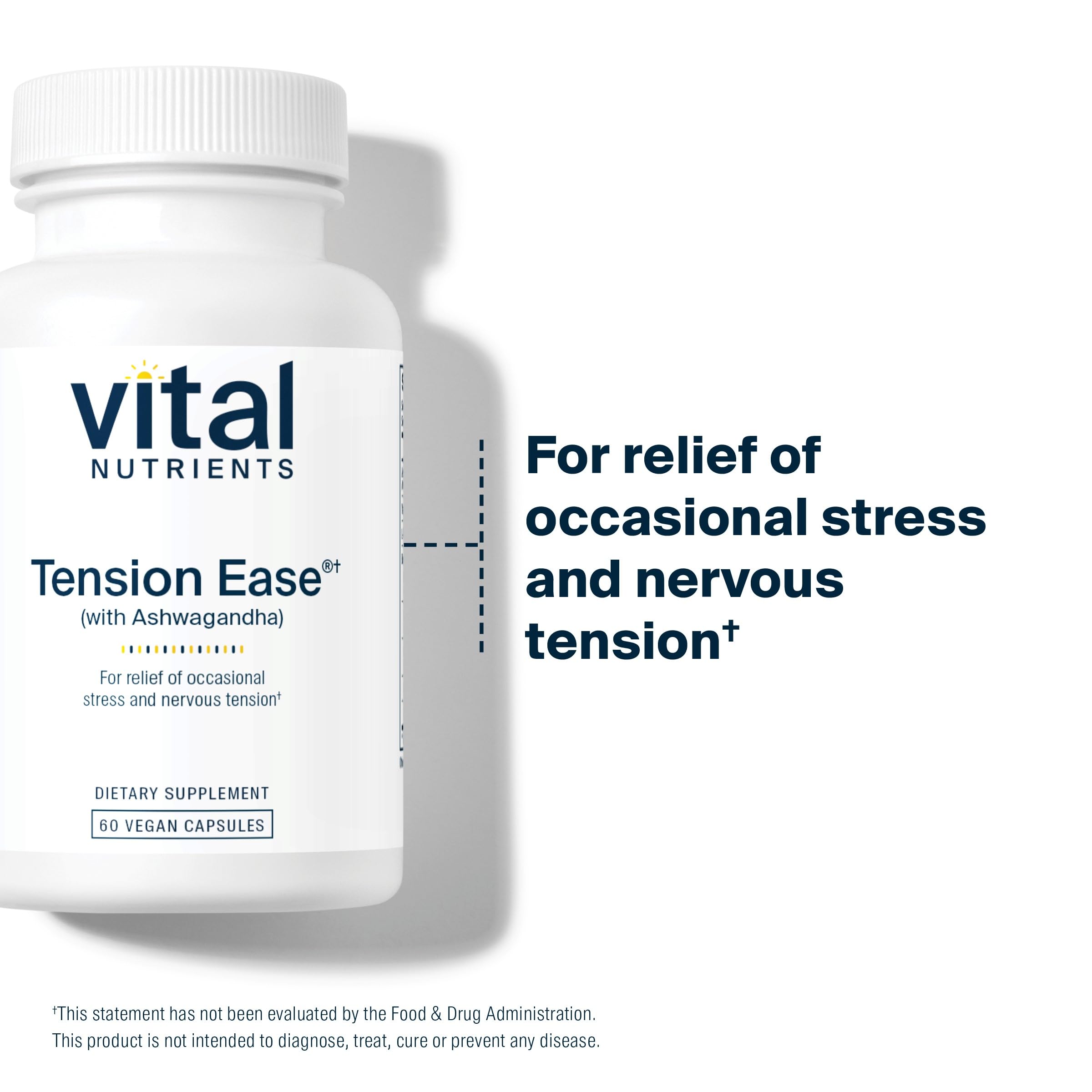 Vital Nutrients Tension Ease bottle with clear dosage guidance for daily use