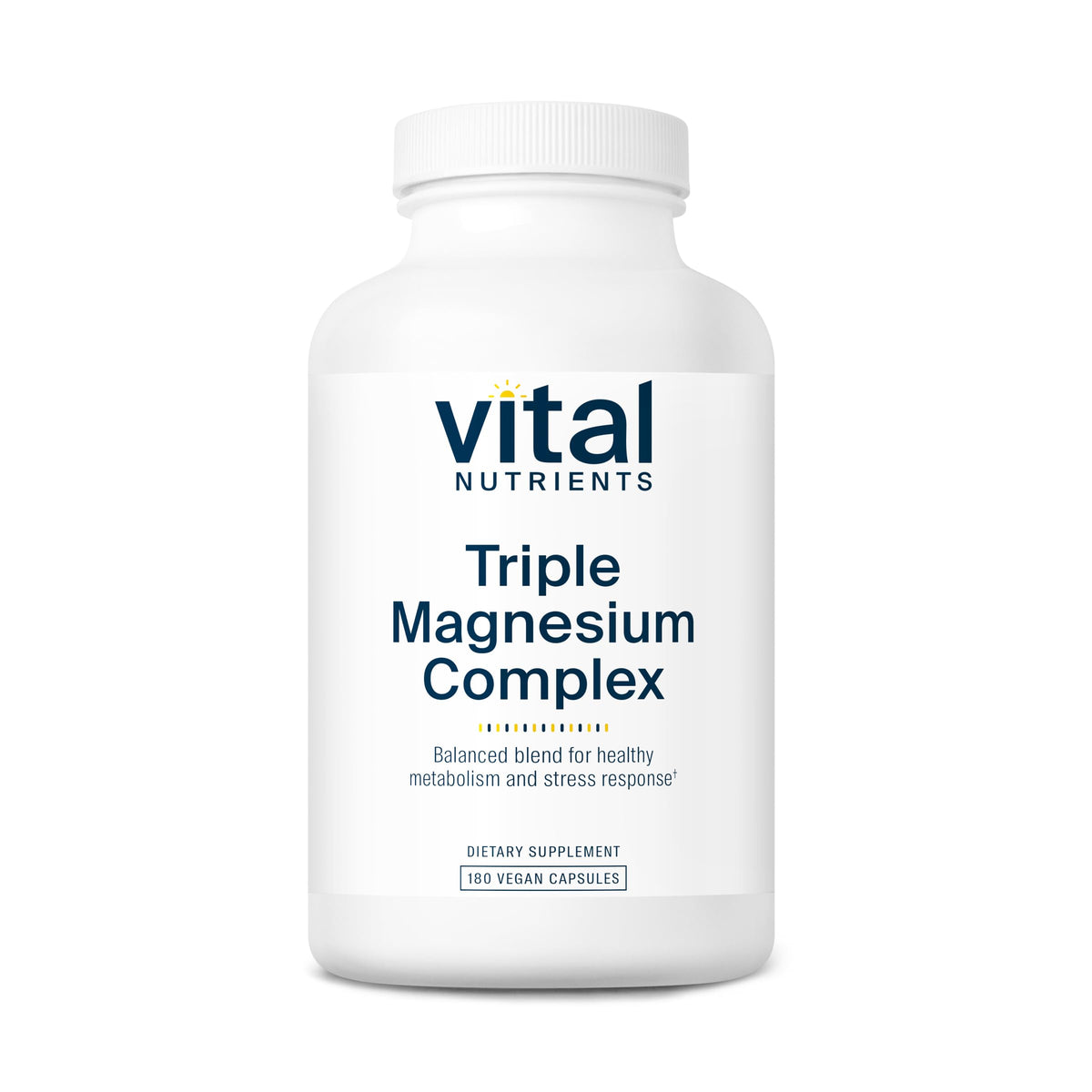 Vital Nutrients Triple Magnesium Complex bottle, easy-to-swallow capsules for daily stress support.
