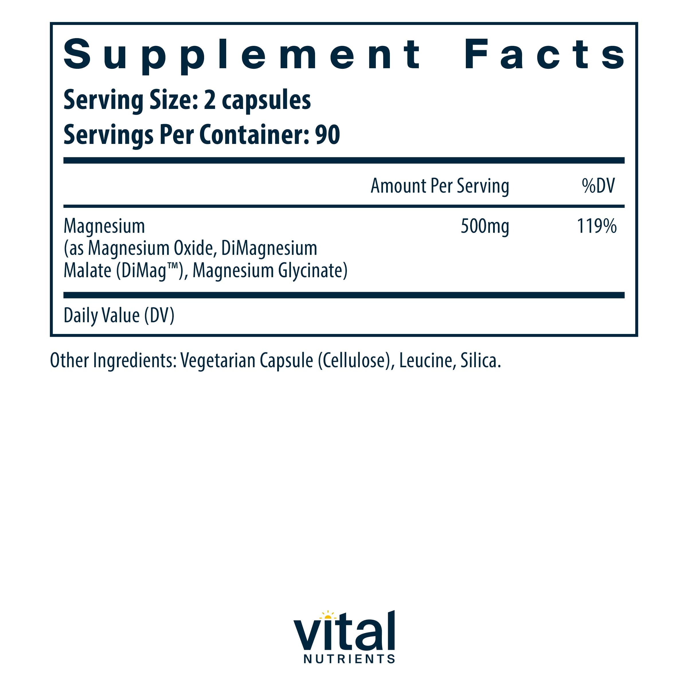 Vital Nutrients Triple Magnesium Complex capsules close-up, featuring three bioavailable forms.