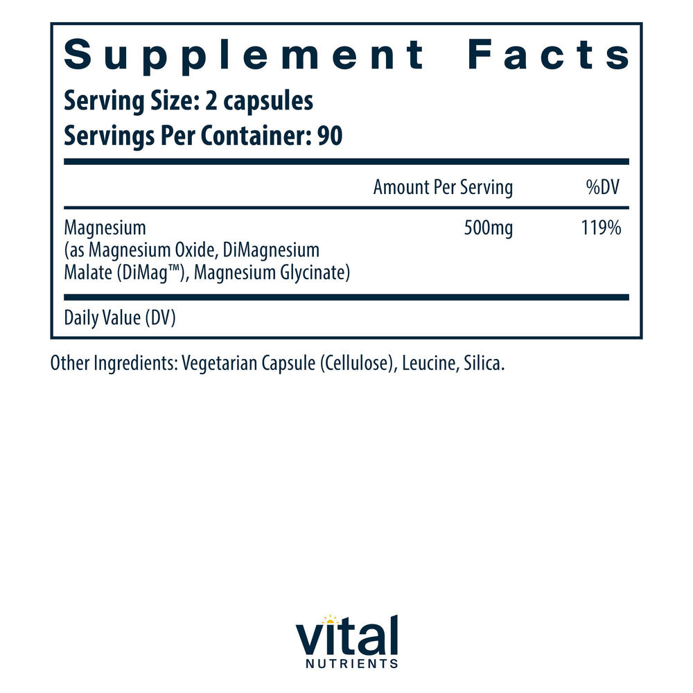 Vital Nutrients Triple Magnesium Complex capsules close-up, featuring three bioavailable forms.
