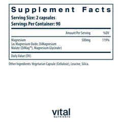 Vital Nutrients Triple Magnesium Complex capsules close-up, featuring three bioavailable forms.