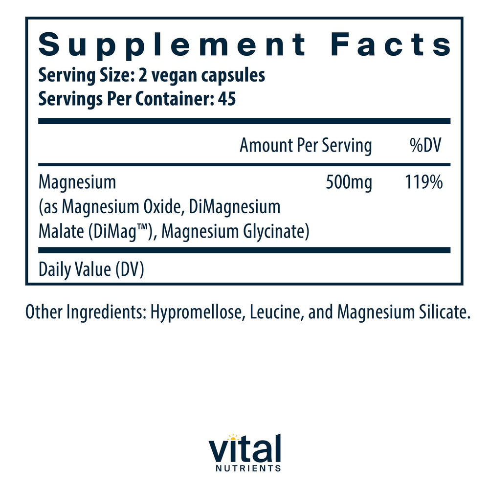 Vital Nutrients Triple Magnesium Complex showing glycinate, malate and oxide forms for absorption.