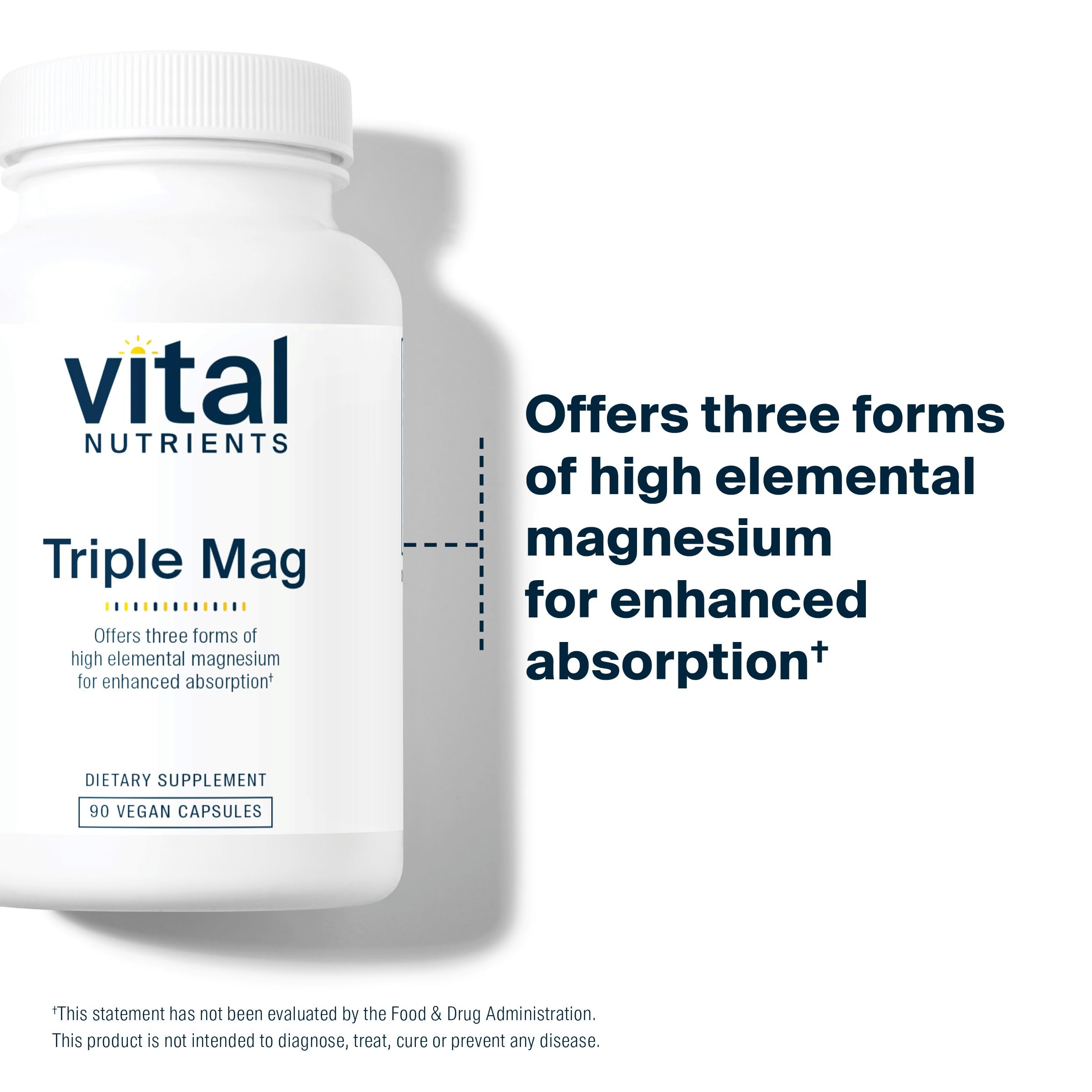 Vital Nutrients Triple Magnesium Complex ingredient label highlights vegan, gluten-free, non-GMO formula.