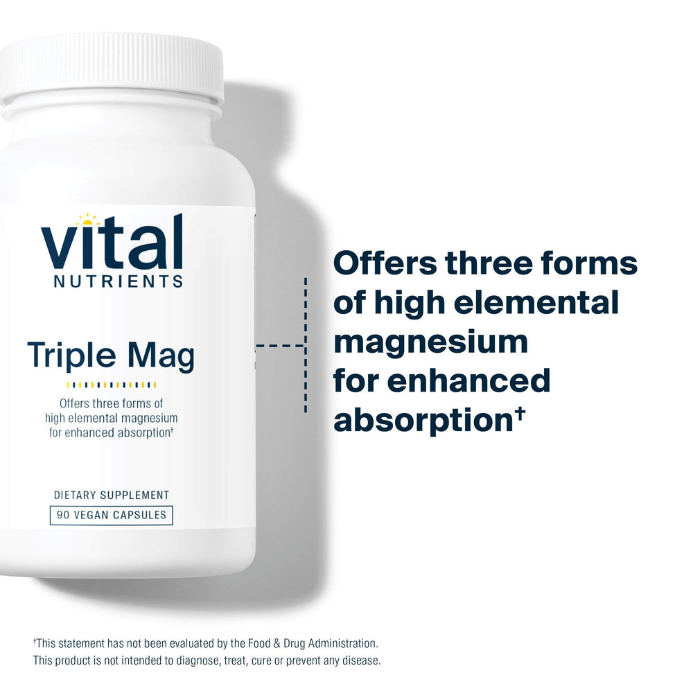 Vital Nutrients Triple Magnesium Complex ingredient label highlights vegan, gluten-free, non-GMO formula.