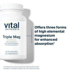 Vital Nutrients Triple Magnesium Complex ingredient label highlights vegan, gluten-free, non-GMO formula.