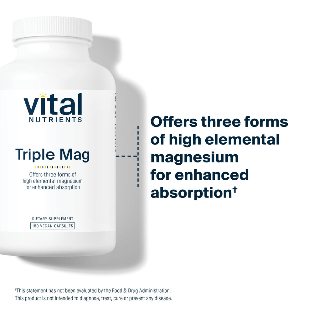 Vital Nutrients Triple Magnesium Complex label view, vegan and allergen-free formulation highlighted.