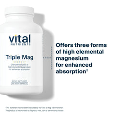 Vital Nutrients Triple Magnesium Complex label view, vegan and allergen-free formulation highlighted.