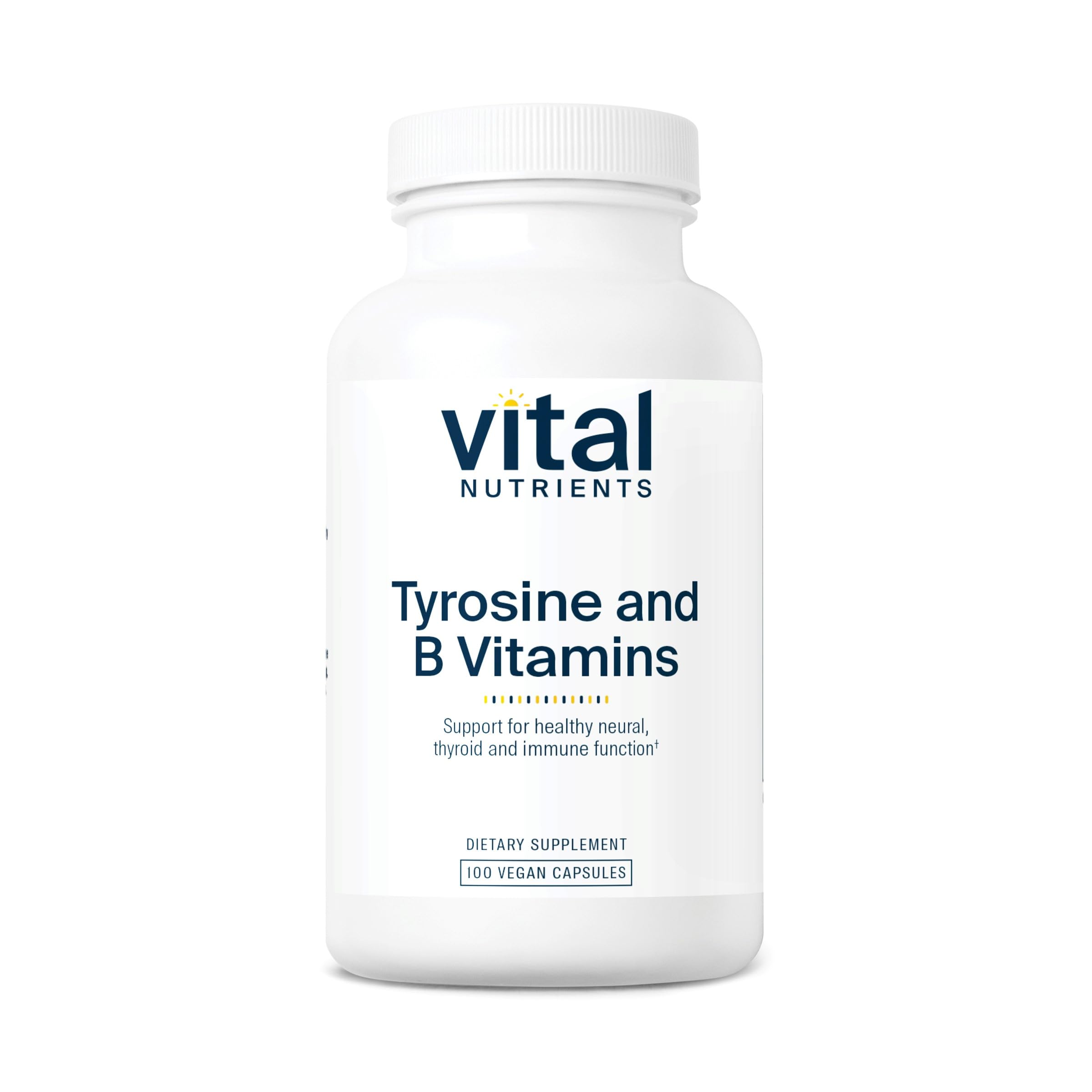 Vital Nutrients Tyrosine and B Vitamins bottle front highlighting energy support and focus.