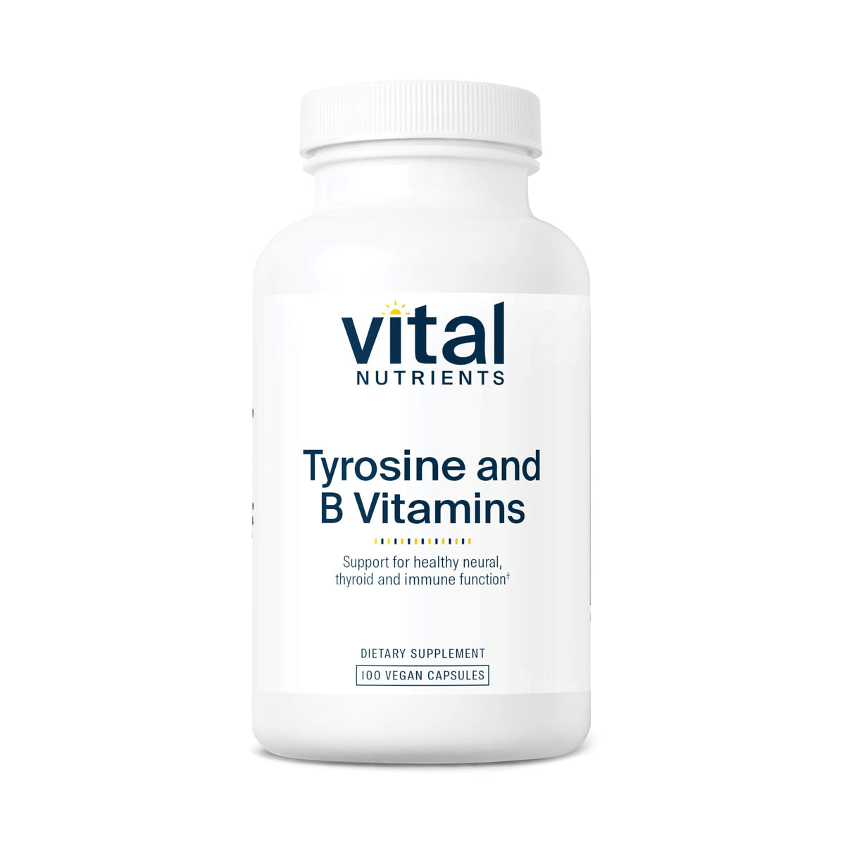 Vital Nutrients Tyrosine and B Vitamins bottle front highlighting energy support and focus.
