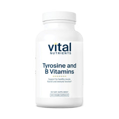 Vital Nutrients Tyrosine and B Vitamins bottle front highlighting energy support and focus.