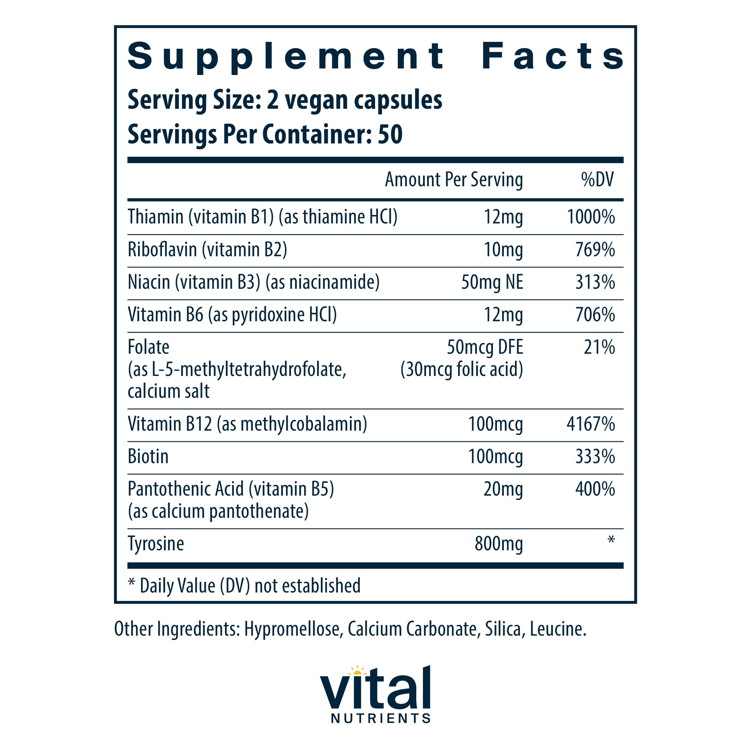 Vital Nutrients Tyrosine and B Vitamins ingredients label for transparency and trust.