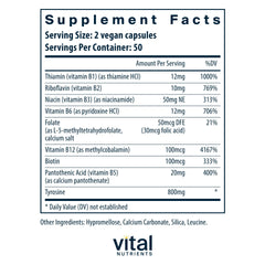 Vital Nutrients Tyrosine and B Vitamins ingredients label for transparency and trust.