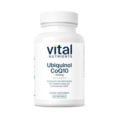 Vital Nutrients Ubiquinol CoQ10 bottle label highlighting activated CoQ10 for heart support.