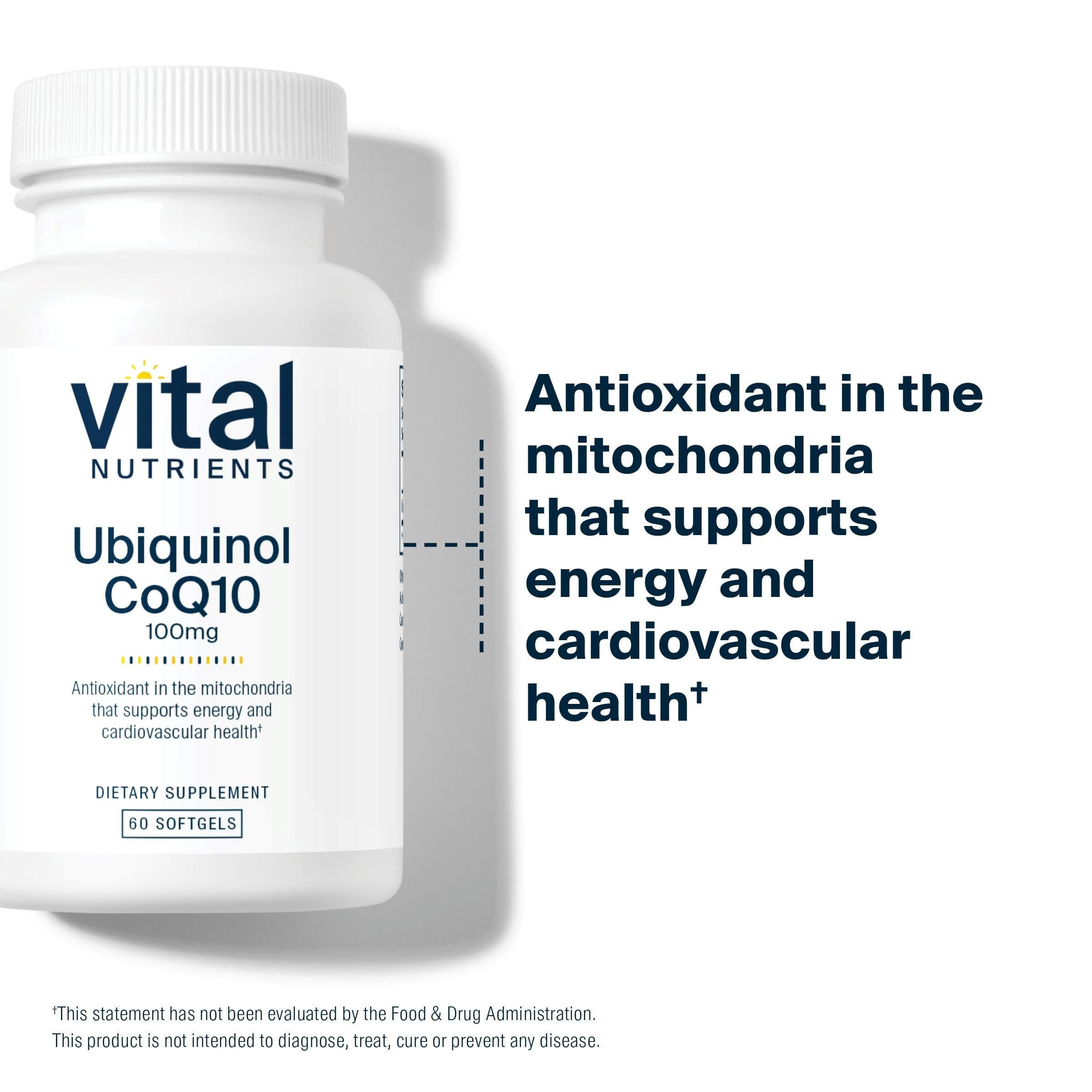 Vital Nutrients Ubiquinol CoQ10 packaging inside view emphasizing vegan formula.