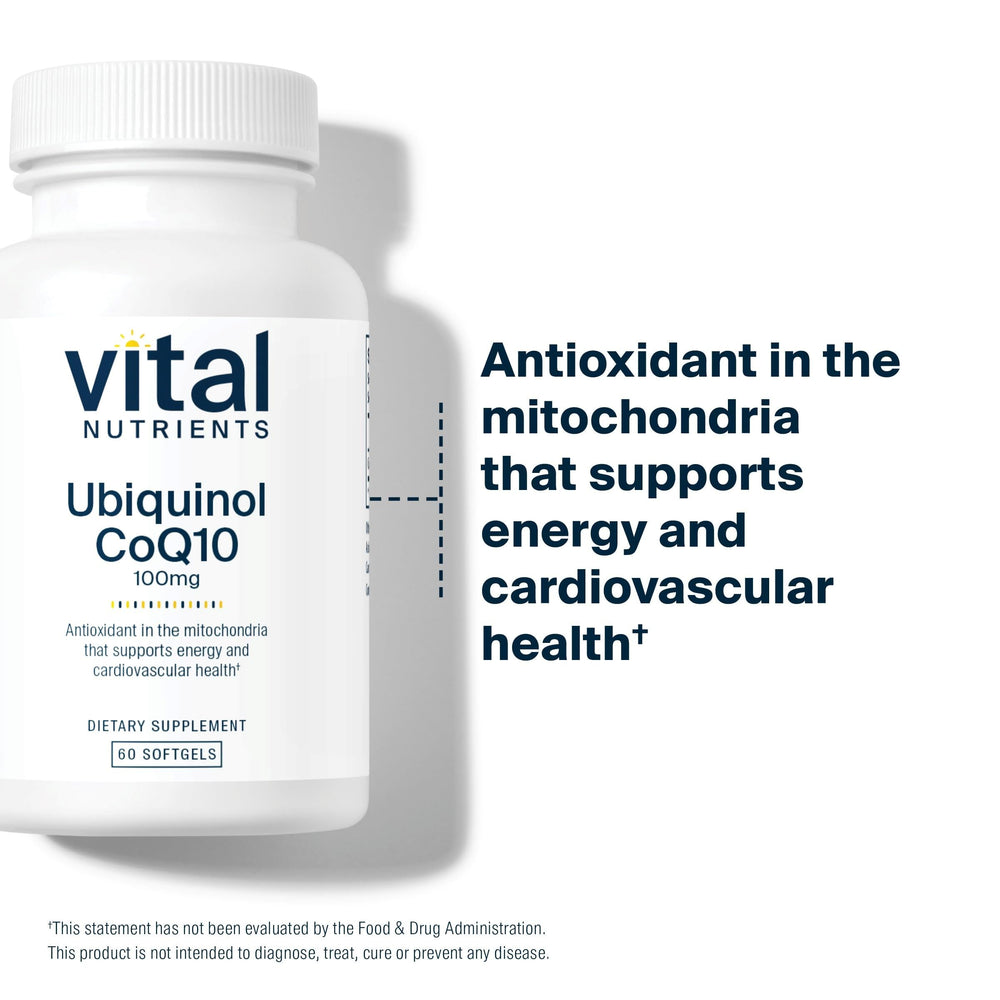 Vital Nutrients Ubiquinol CoQ10 packaging inside view emphasizing vegan formula.
