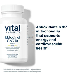 Vital Nutrients Ubiquinol CoQ10 packaging inside view emphasizing vegan formula.