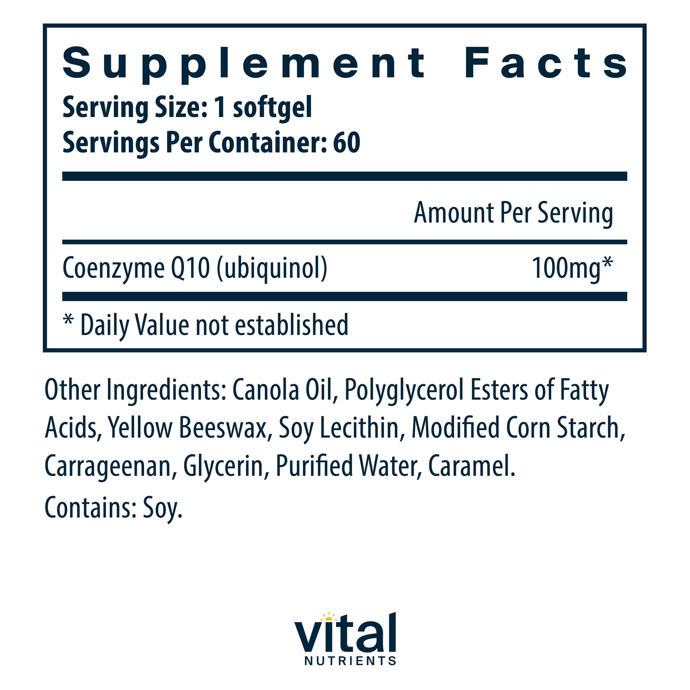 Vital Nutrients Ubiquinol CoQ10 softgels close-up showing easy-to-swallow capsules for daily energy.