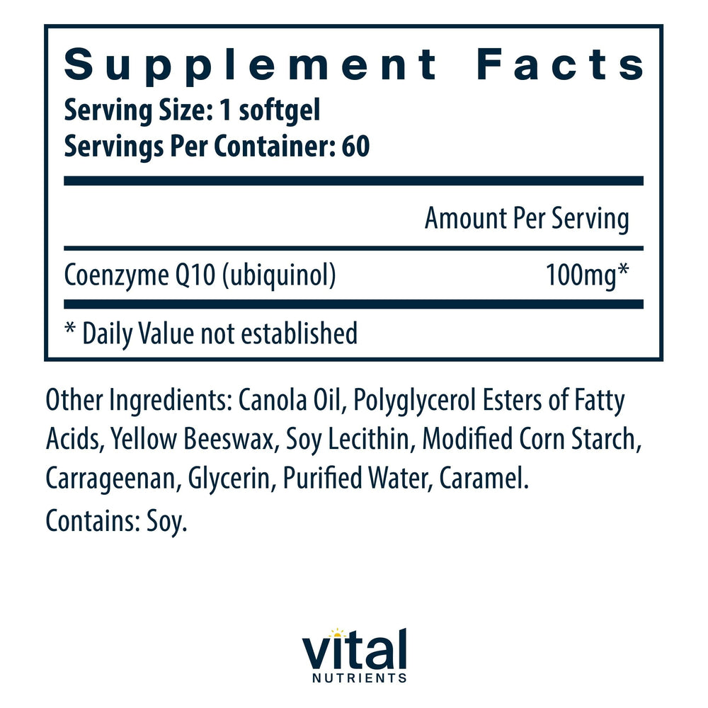 Vital Nutrients Ubiquinol CoQ10 softgels close-up showing easy-to-swallow capsules for daily energy.