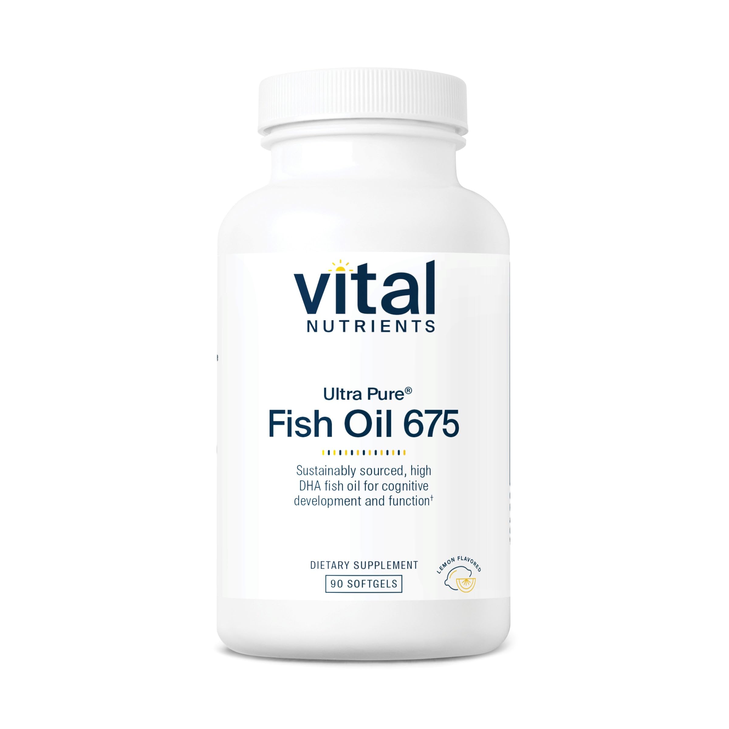 Vital Nutrients Ultra Pure Fish Oil 675 bottle on counter for daily omega-3 intake.
