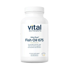 Vital Nutrients Ultra Pure Fish Oil 675 bottle on counter for daily omega-3 intake.
