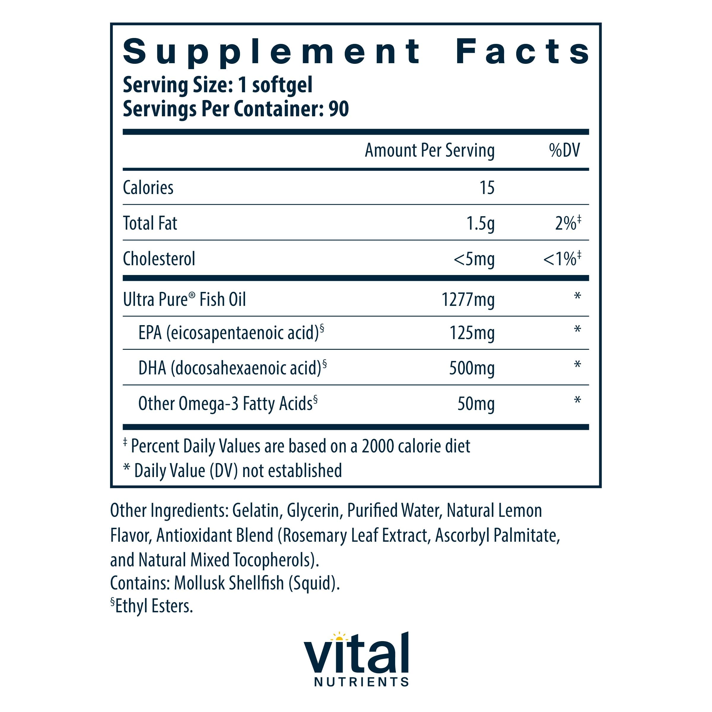 Close-up of Vital Nutrients Ultra Pure Fish Oil 675 label showing 500 mg DHA.