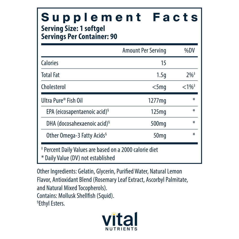 Close-up of Vital Nutrients Ultra Pure Fish Oil 675 label showing 500 mg DHA.