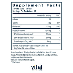 Close-up of Vital Nutrients Ultra Pure Fish Oil 675 label showing 500 mg DHA.