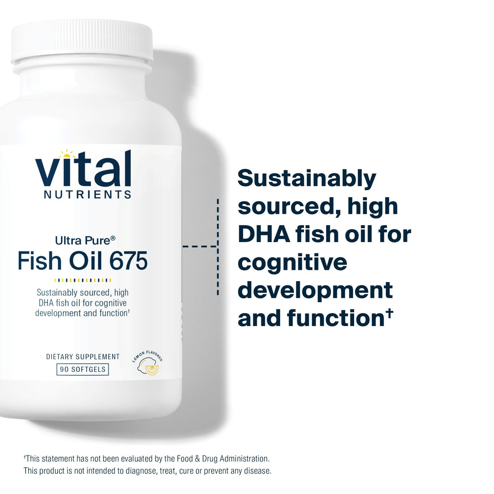 Rows of Vital Nutrients Ultra Pure Fish Oil 675 softgels ready for daily use.
