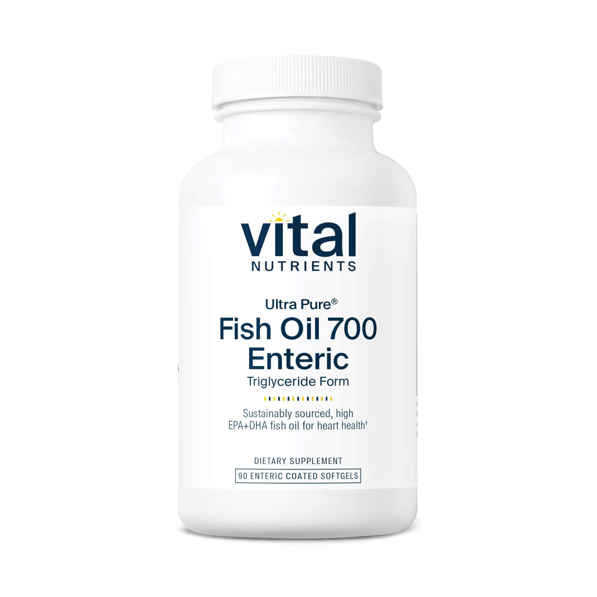 Vital Nutrients Ultra Pure Fish Oil 700 Enteric bottle with enteric-coated capsules for burp-free use