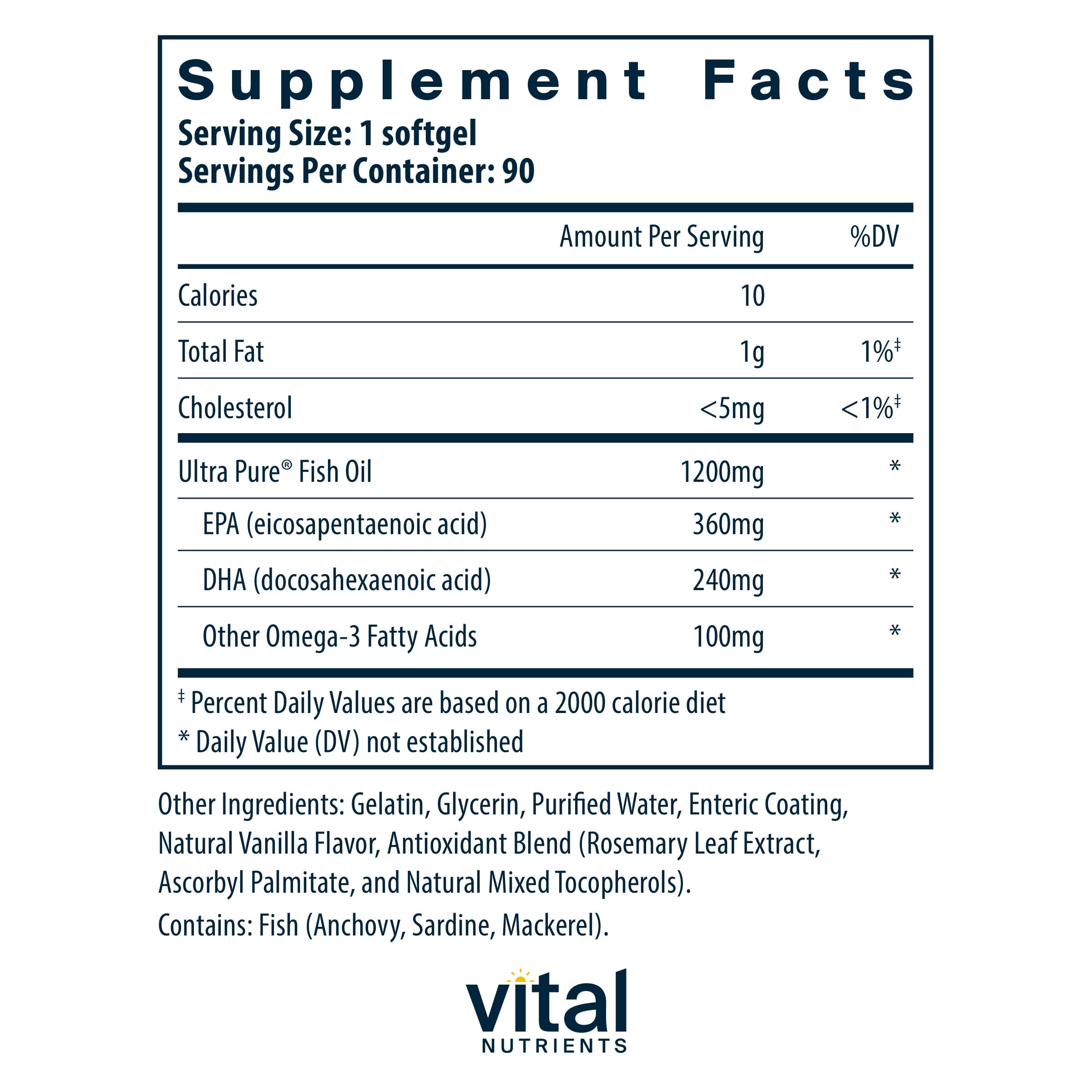 Close-up of Ultra Pure Fish Oil 700 softgels showing EPA and DHA content