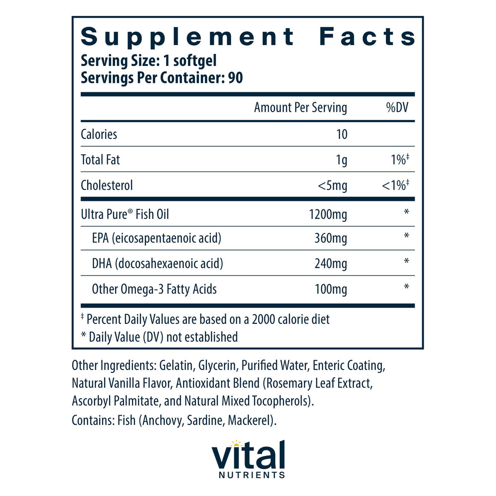 Close-up of Ultra Pure Fish Oil 700 softgels showing EPA and DHA content