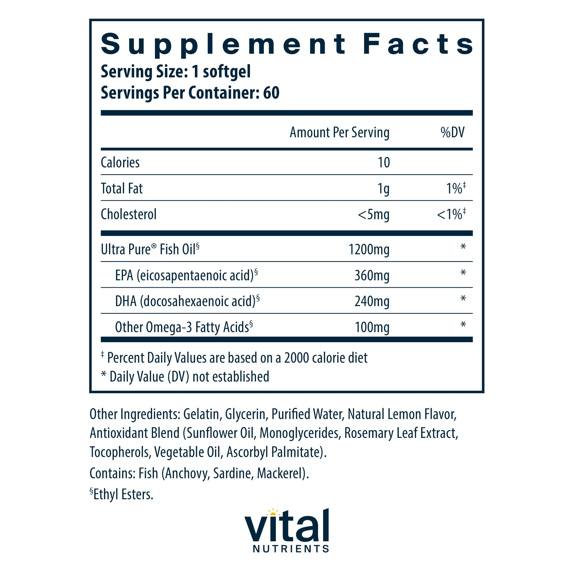 Vital Nutrients Ultra Pure Fish Oil 700 lemon flavored softgels for easy swallowing