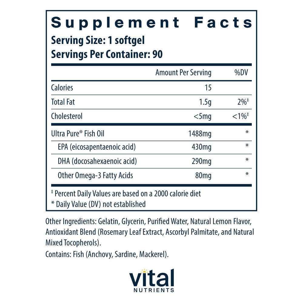 Vital Nutrients Ultra Pure Fish Oil 800 lemon-flavored softgels with mild taste