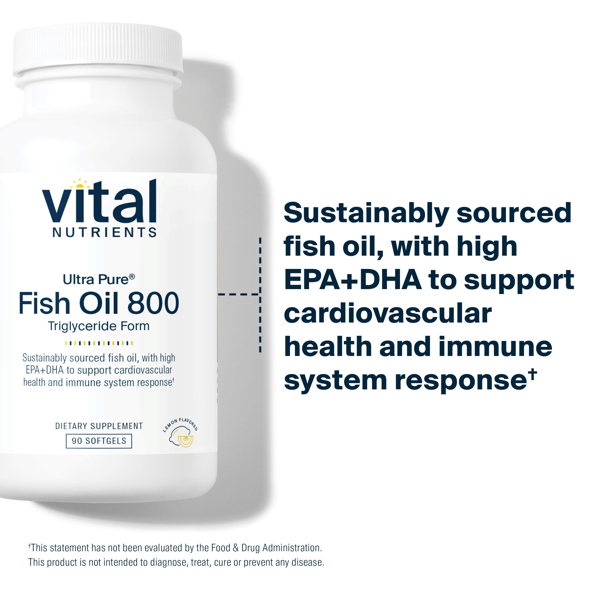 Close-up of Vital Nutrients Ultra Pure Fish Oil 800 softgels and high EPA/DHA content