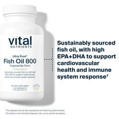 Close-up of Vital Nutrients Ultra Pure Fish Oil 800 softgels and high EPA/DHA content