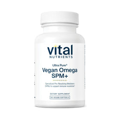 Vital Nutrients Ultra Pure Vegan Omega SPM+ bottle highlights burpless mini softgels for daily use.