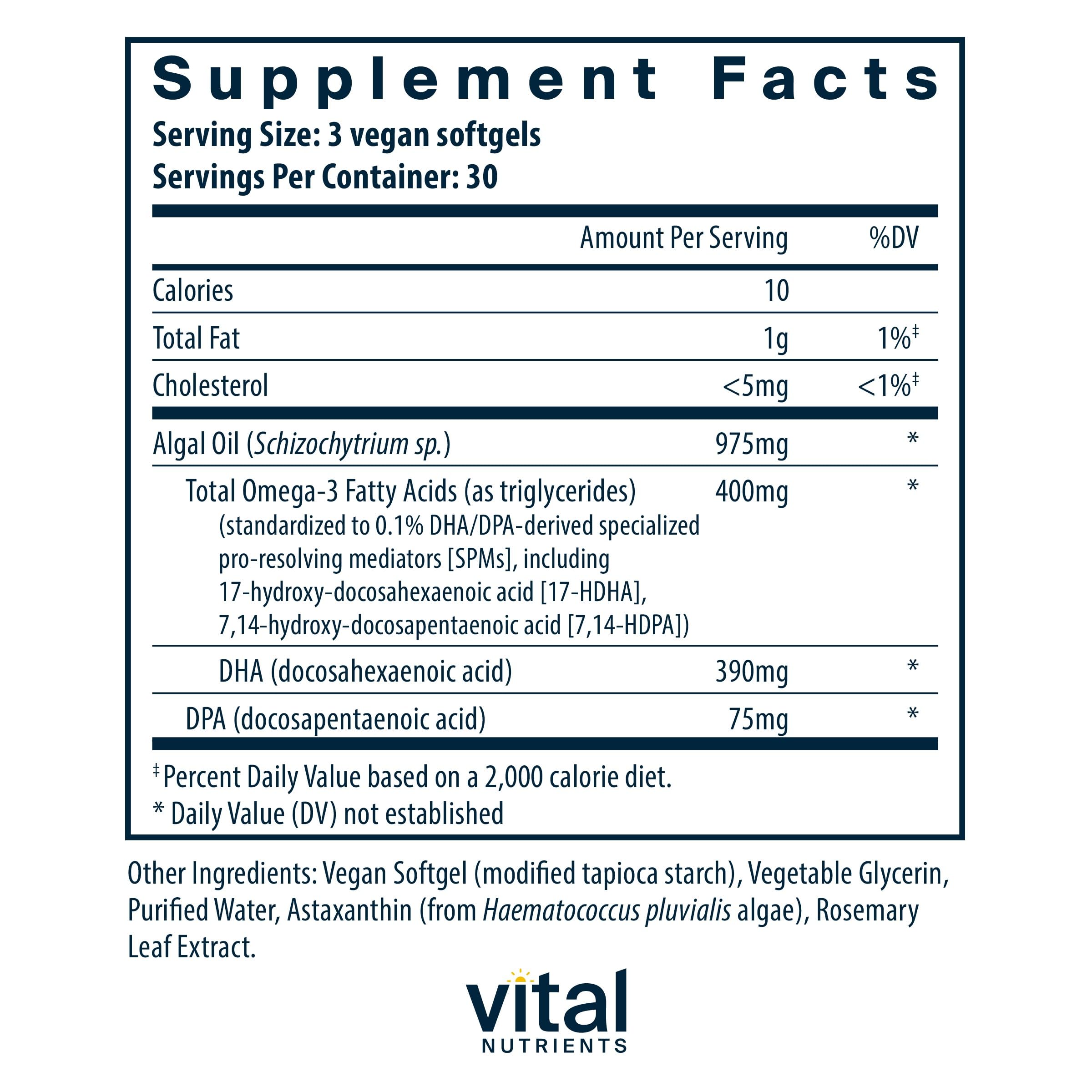 Vital Nutrients Ultra Pure Vegan Omega SPM+ softgels closeup shows compact size for easy swallowing.