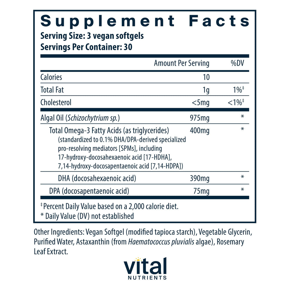 Vital Nutrients Ultra Pure Vegan Omega SPM+ softgels closeup shows compact size for easy swallowing.