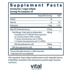 Vital Nutrients Ultra Pure Vegan Omega SPM+ softgels closeup shows compact size for easy swallowing.