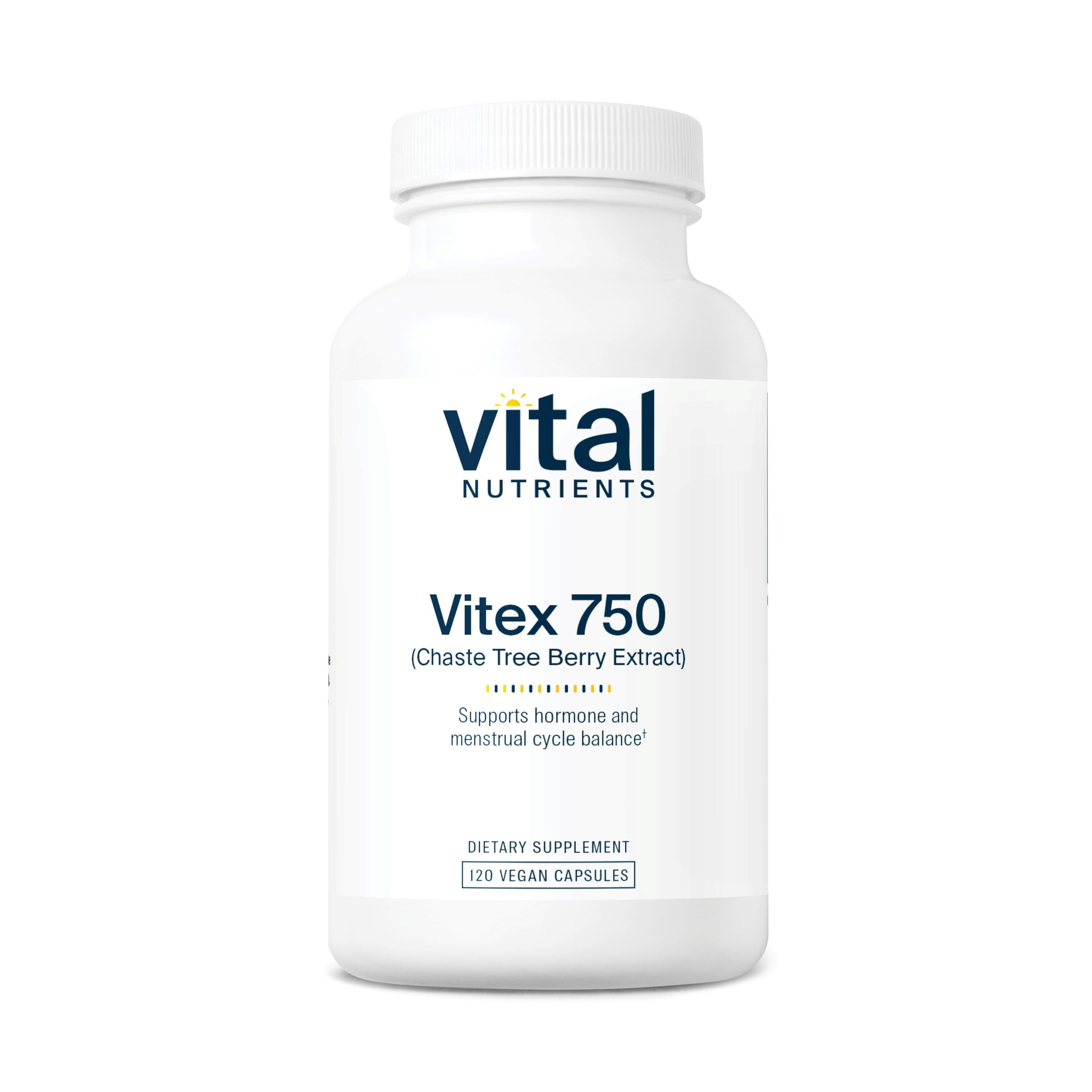 Vital Nutrients Vitex 750 bottle pouring to show a 750 mg dose for cycle support