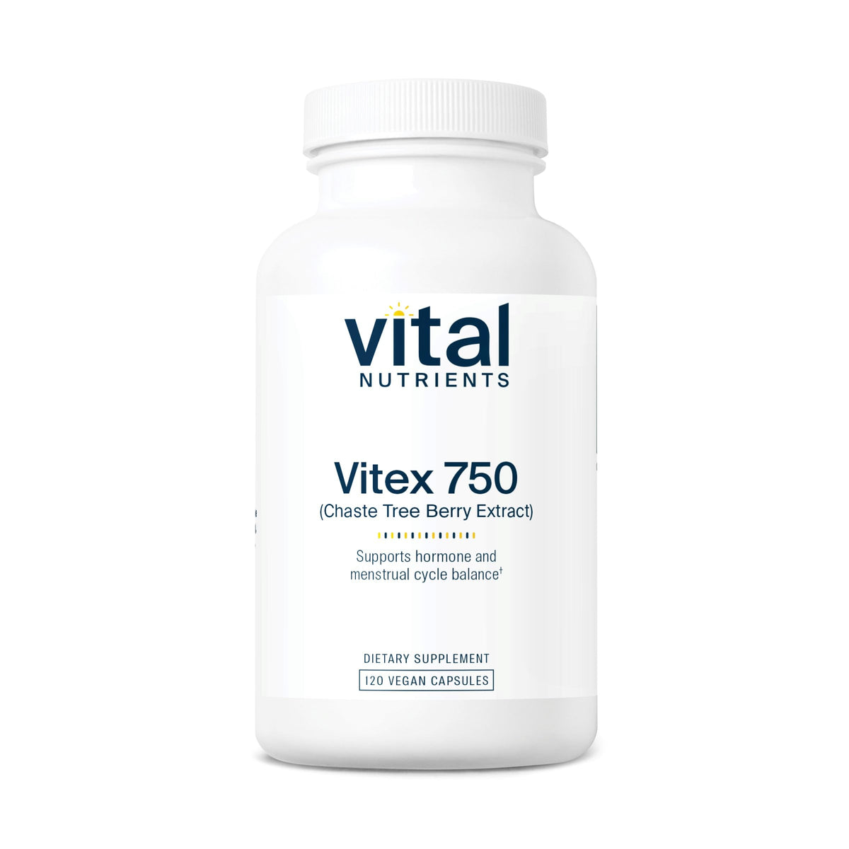 Vital Nutrients Vitex 750 bottle pouring to show a 750 mg dose for cycle support