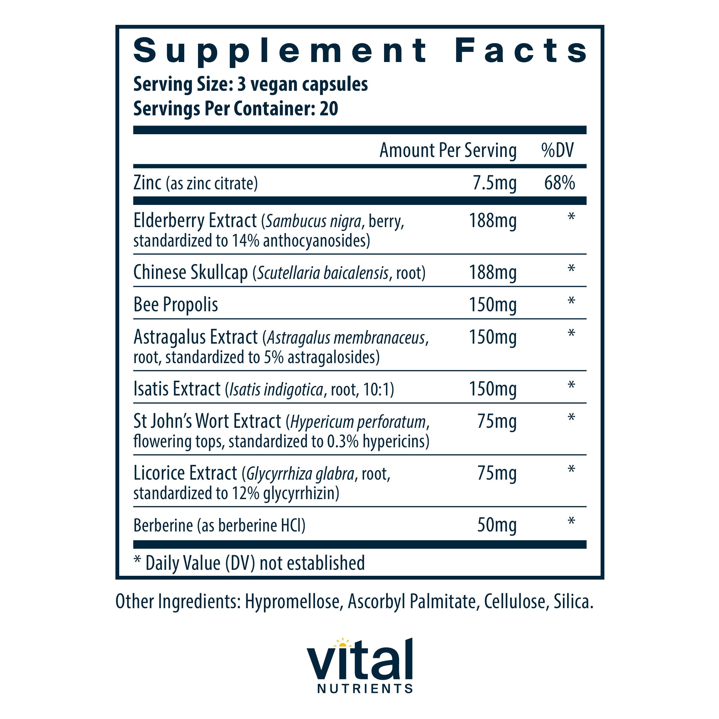 ViraCon ingredients spotlight elderberry and zinc in a vegan blend.