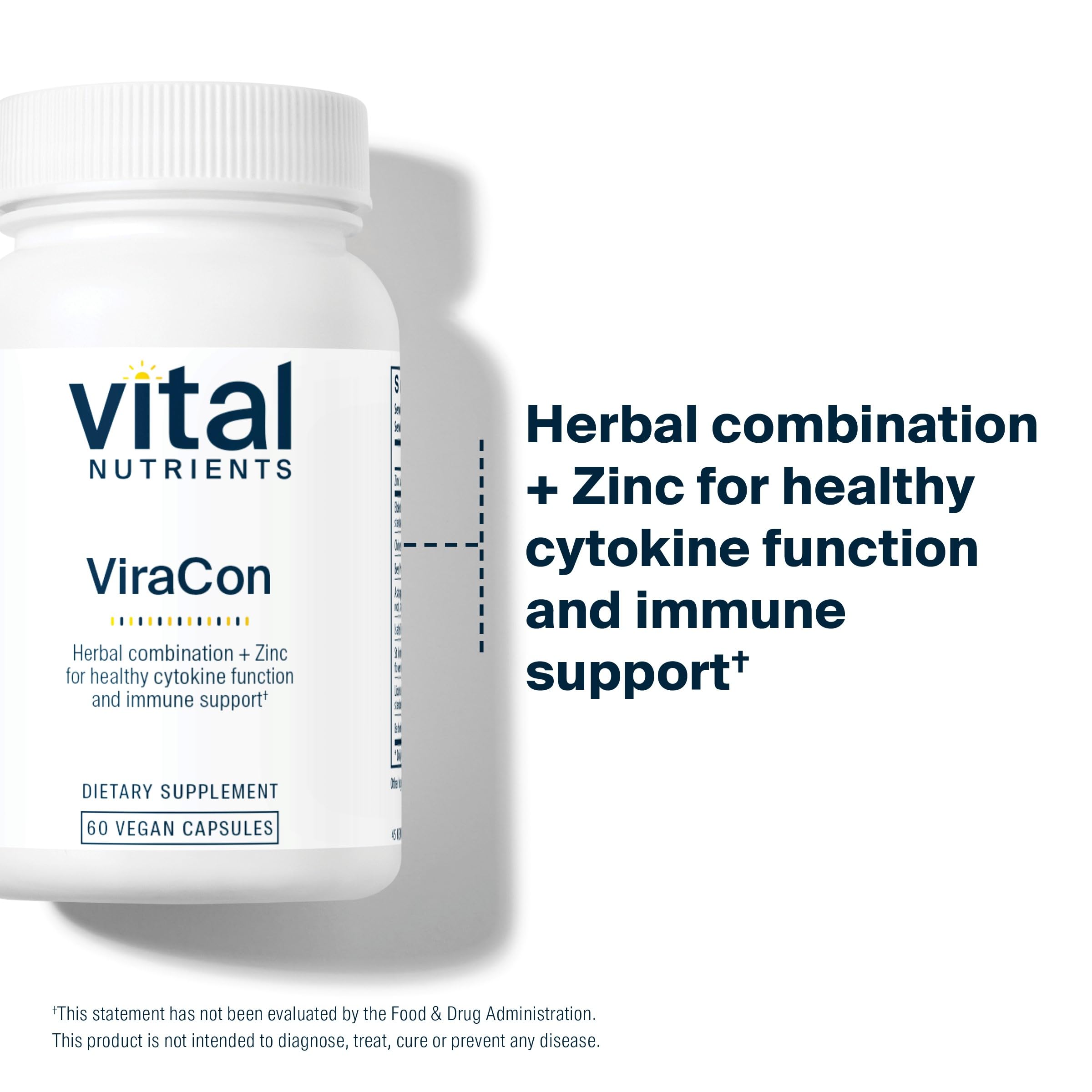 Vital Nutrients ViraCon bottle label highlights zinc and licorice root.