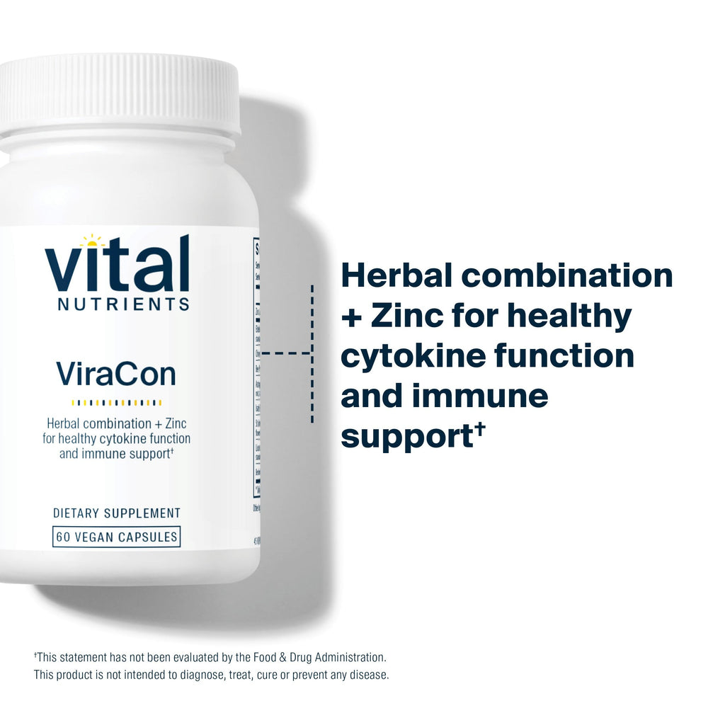 Vital Nutrients ViraCon bottle label highlights zinc and licorice root.