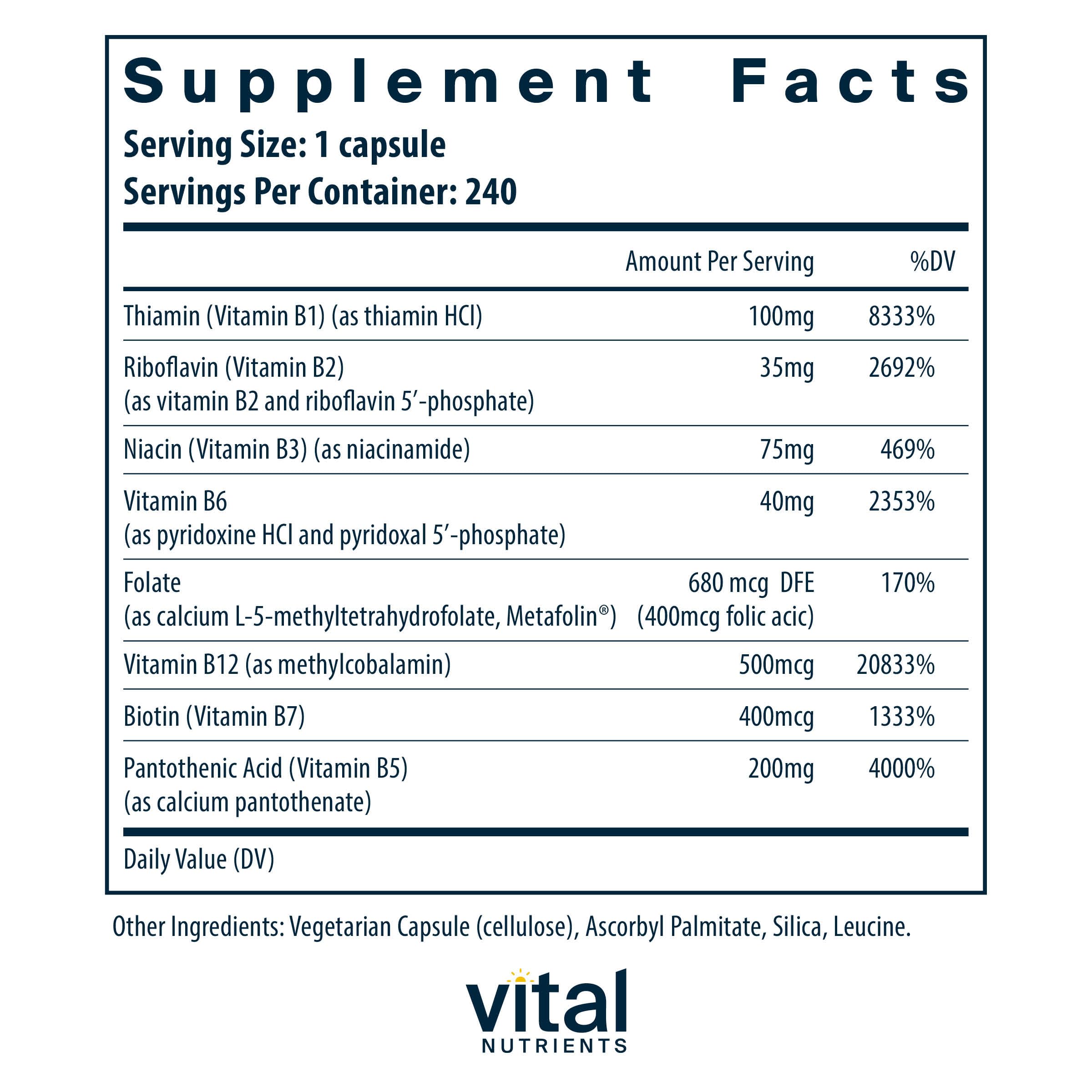 Vital Nutrients Vitamin B-Complex bottle label highlights B vitamins
