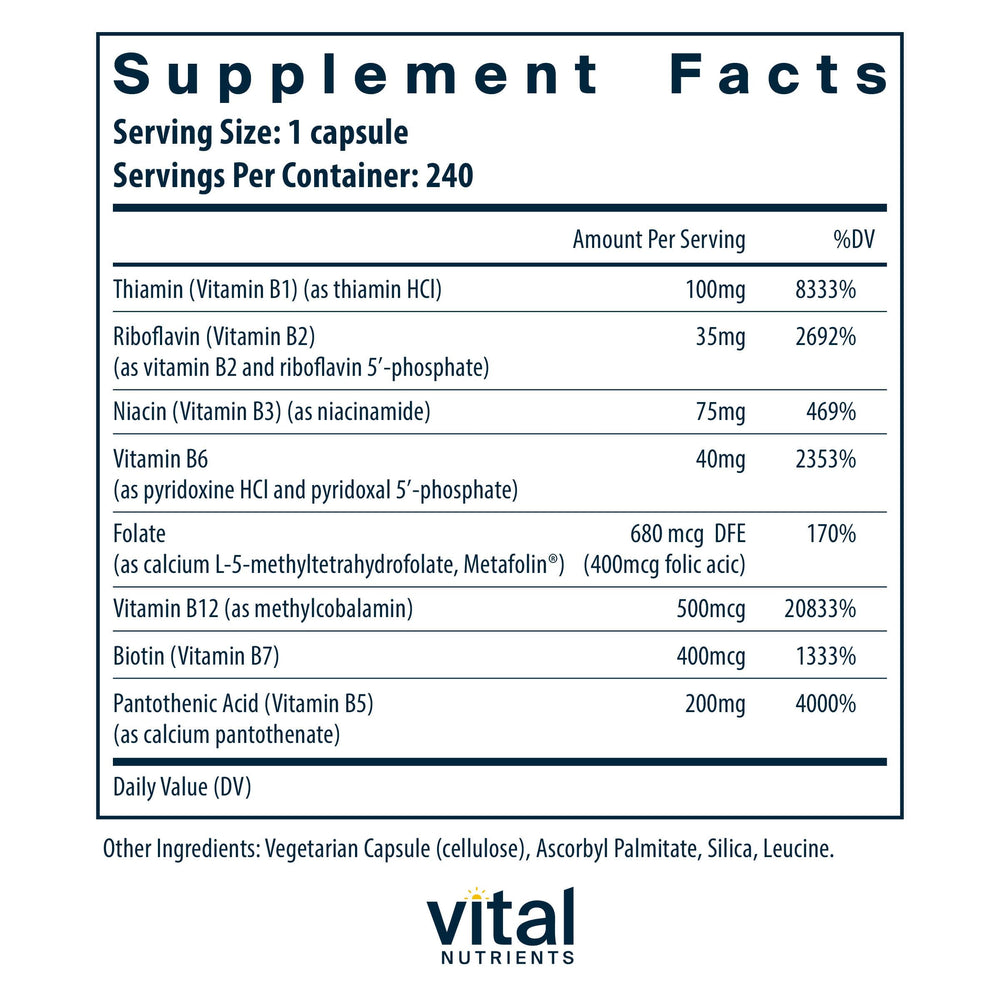 Vital Nutrients Vitamin B-Complex bottle label highlights B vitamins