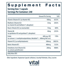 Vital Nutrients Vitamin B-Complex bottle label highlights B vitamins