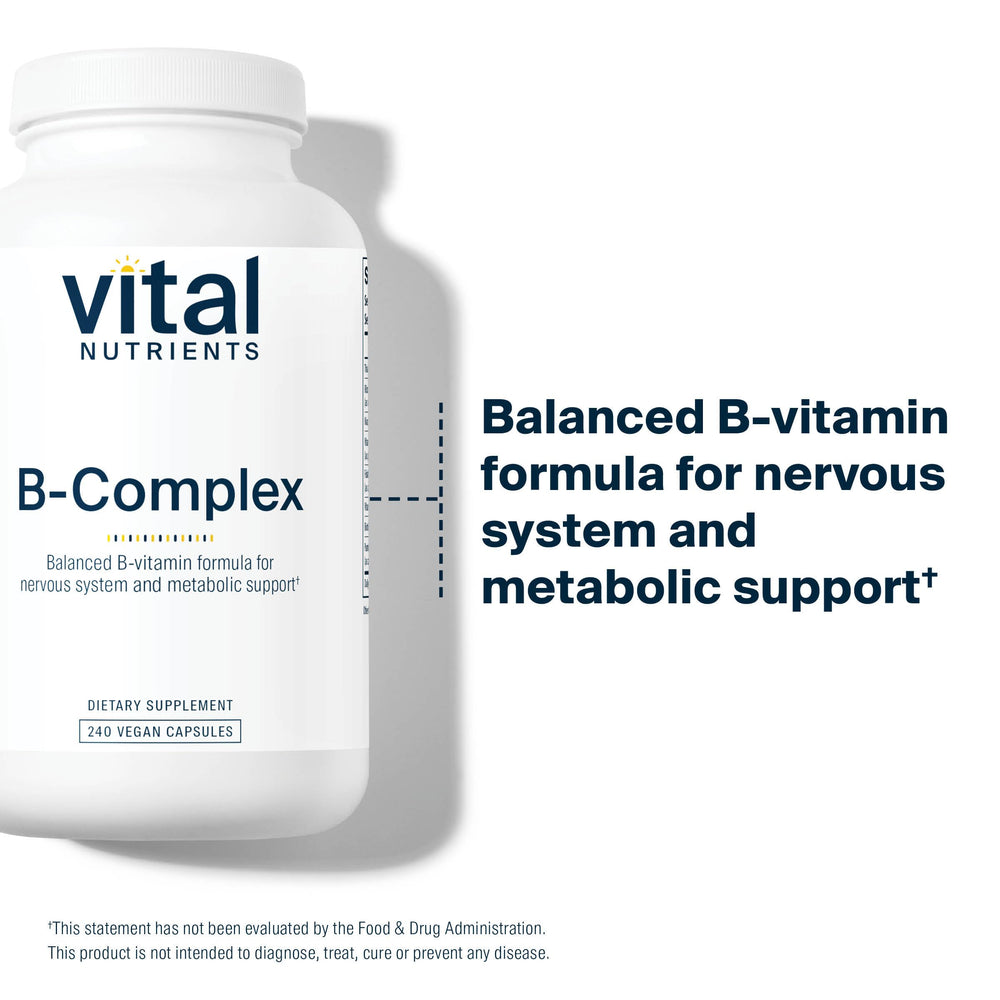Vital Nutrients Vitamin B-Complex capsules closeup with active methylated B vitamins